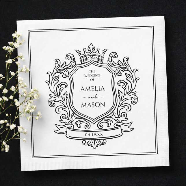 Servilleta De Papel Elegant Crest Black and White Paper Wedding (Elegant Crest Black and White Paper Wedding Napkins)