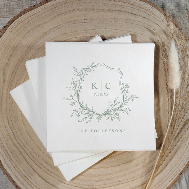 Servilleta De Papel Elegant Crest Sage Green Wedding Logo (Elegant sage green wedding logo napkins with classic crest, initials, and simple traditional design)
