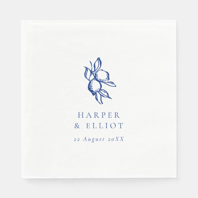 Servilleta De Papel Elegant Doodle Blue Lemons Wedding (Anverso)