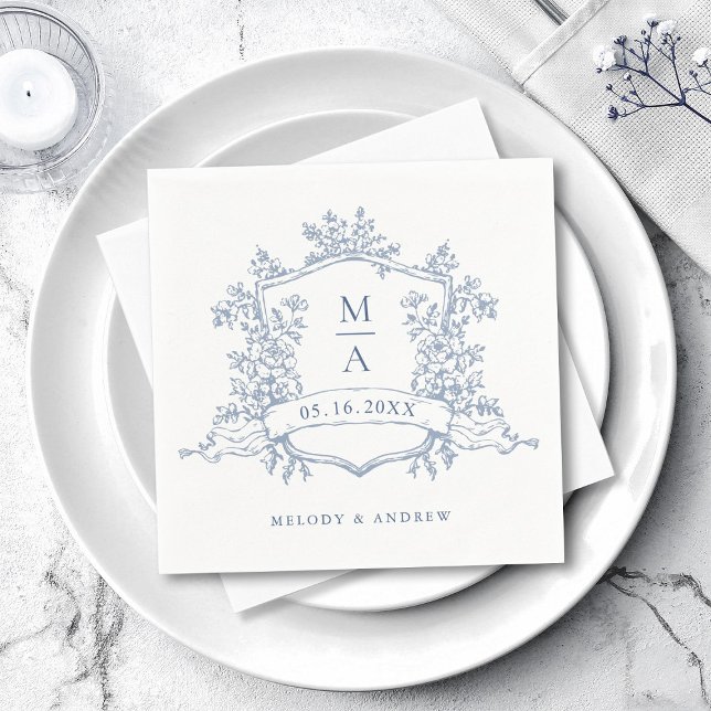 Servilleta De Papel Elegant Dusty Blue Floral Crest Monograms Wedding (Subido por el creador)