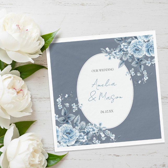 Servilleta De Papel Elegant Dusty Blue Floral Script Wedding  (Elegant Dusty Blue Floral Script Wedding Napkins)