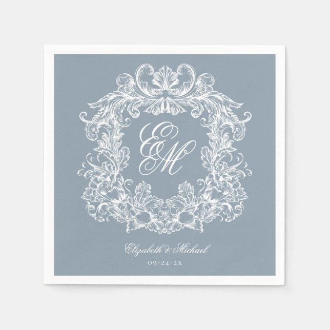 Servilleta De Papel Elegant Dusty Blue Monogram Crest Script Wedding (Anverso)