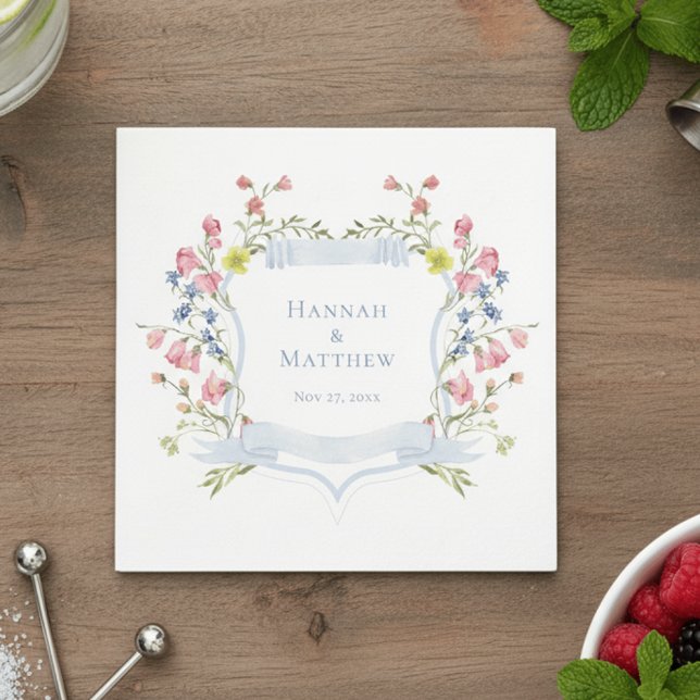 Servilleta De Papel Elegant Dusty Blue Pastel Wildflower Crest Wedding (Subido por el creador)