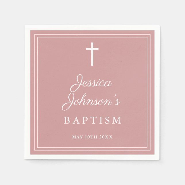 Servilleta De Papel Elegant Dusty Rose Pink Border Baptism (Anverso)