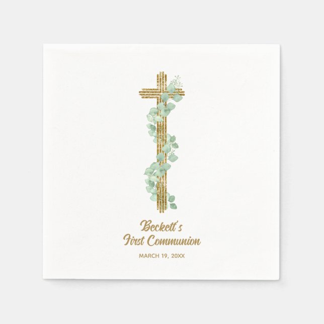 Servilleta De Papel Elegant Eucalyptus and Cross First Communion (Anverso)