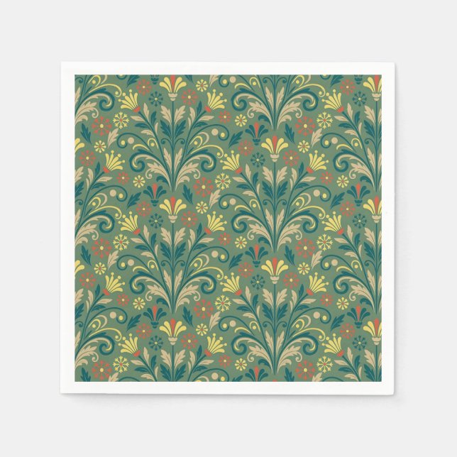 Servilleta De Papel Elegant Floral Pattern in Yellow and Red on Green (Anverso)