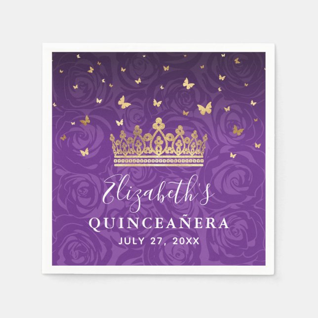 Servilleta De Papel Elegant Floral Purple Gold Crown Birthday Template (Anverso)