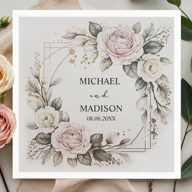 Servilleta De Papel Elegant Floral Wedding Custom Names & Date Gold  (Subido por el creador)
