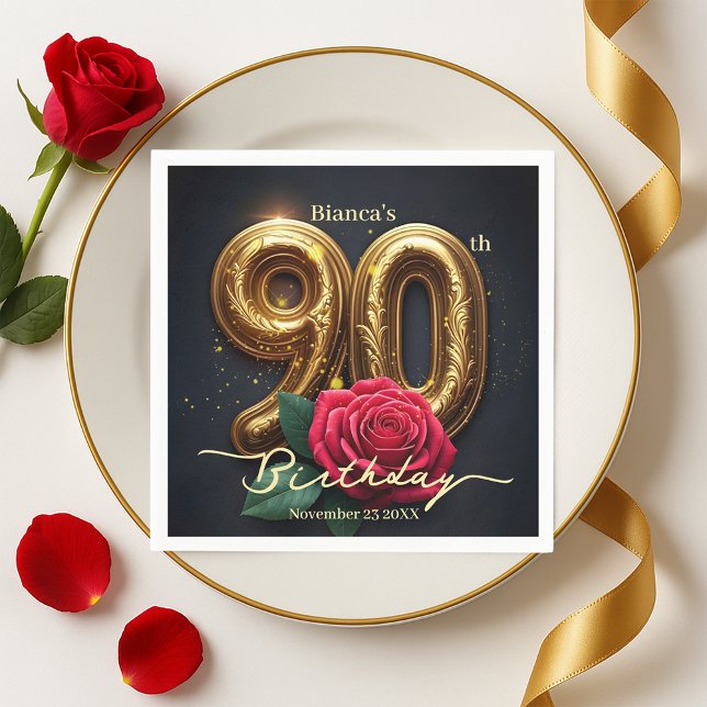 Servilleta De Papel Elegant Glimmering Red Rose Gold 90th Birthday  (Subido por el creador)