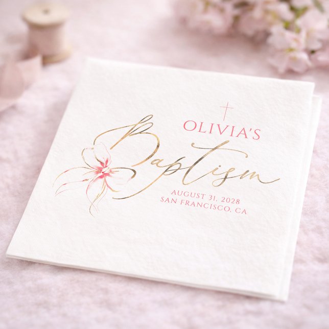 Servilleta De Papel Elegant Gold and Pink Bow Girl Baptism (Pink Bow Baptism Napkins )