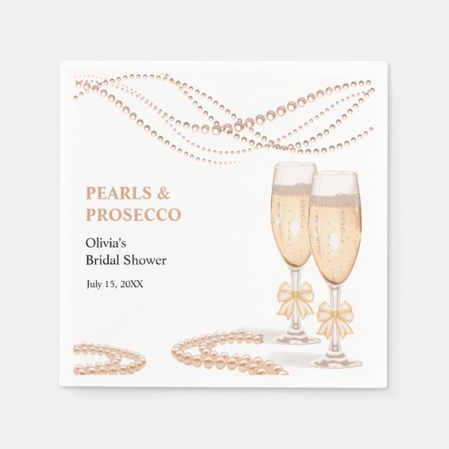 Servilleta De Papel Elegant Gold Bow Pearls and Prosecco Bridal Shower (Anverso)