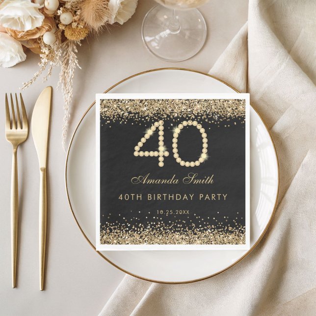 Servilleta De Papel Elegant Gold Diamonds 40th Birthday Party  (Gold 40th birthday party napkin)