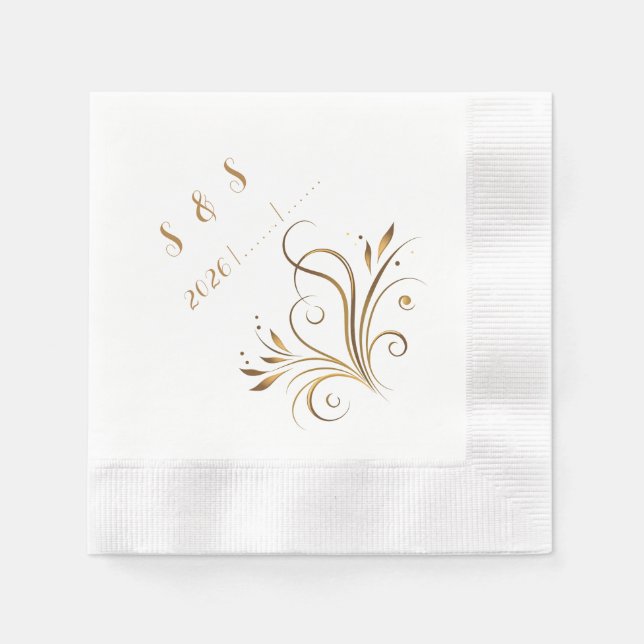 Servilleta De Papel Elegant Gold Filigree & Leaf Flourish Wedding (Anverso)