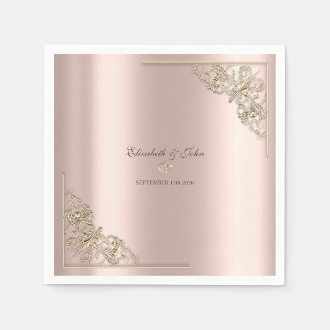 Servilleta De Papel Elegant Gold Hearts Rose Gold Wedding  (Anverso)