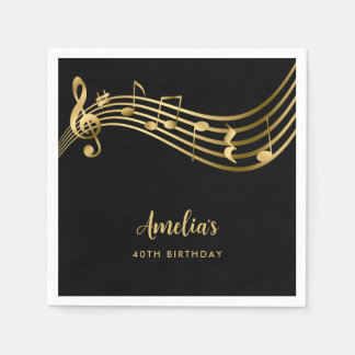 Servilleta De Papel Elegant Gold Music Notes 40th Birthday Black