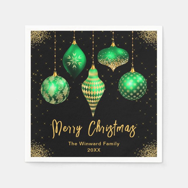 Servilleta De Papel Elegant Green and Gold Ornament Christmas (Anverso)