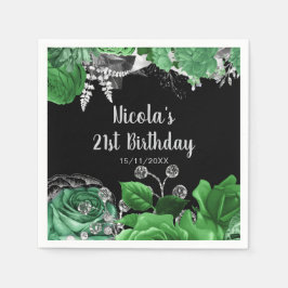 Servilleta De Papel Elegant Green and Silver Flowers Birthday Party 