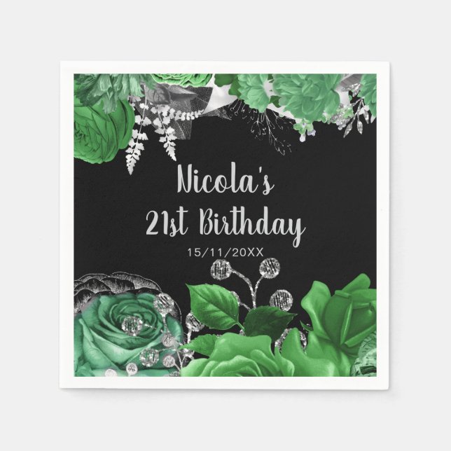 Servilleta De Papel Elegant Green and Silver Flowers Birthday Party  (Anverso)