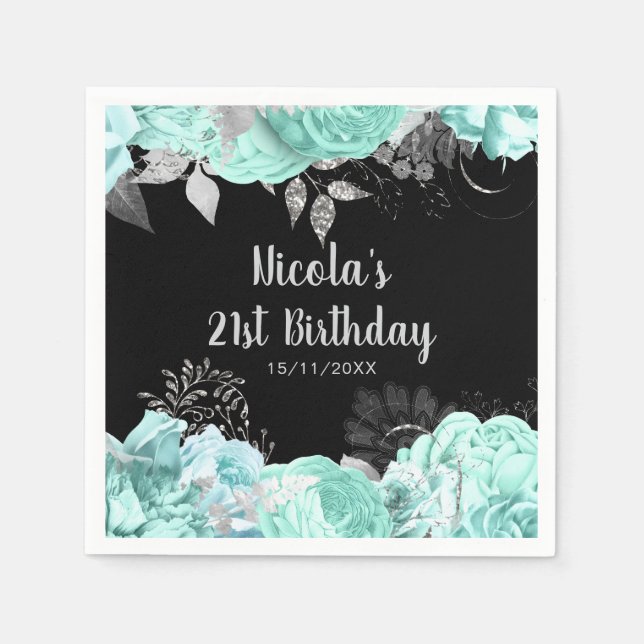 Servilleta De Papel Elegant Green and Silver Flowers Birthday Party (Anverso)
