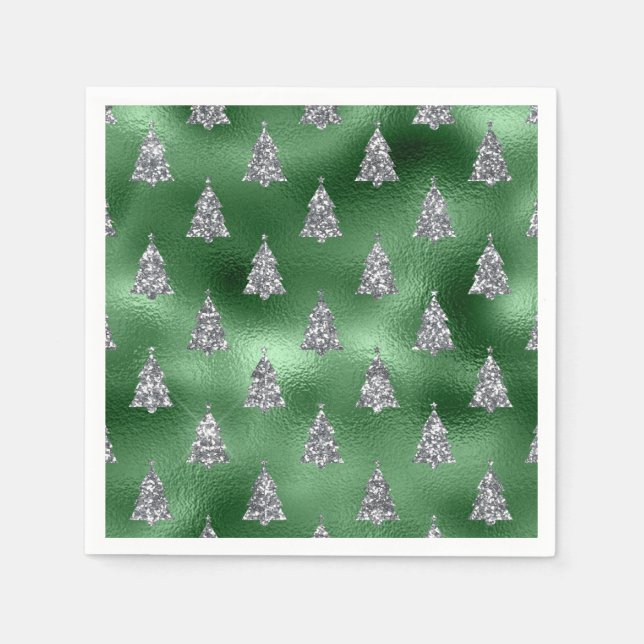 Servilleta De Papel Elegant Green & Faux Silver Trees Christmas  (Anverso)