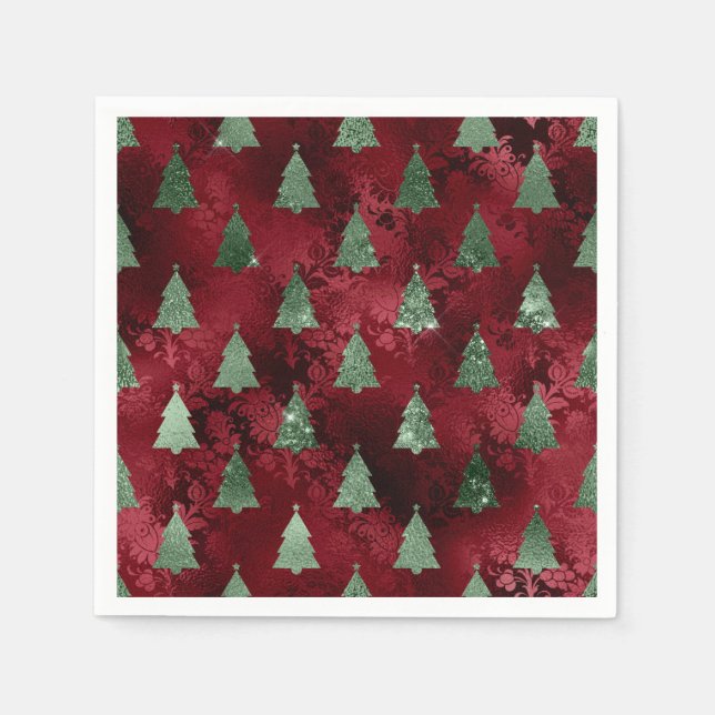 Servilleta De Papel Elegant Green Trees Red Faux Foil Christmas  (Anverso)