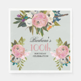Servilleta De Papel Elegant Handpainted Floral 100th Birthday Party 