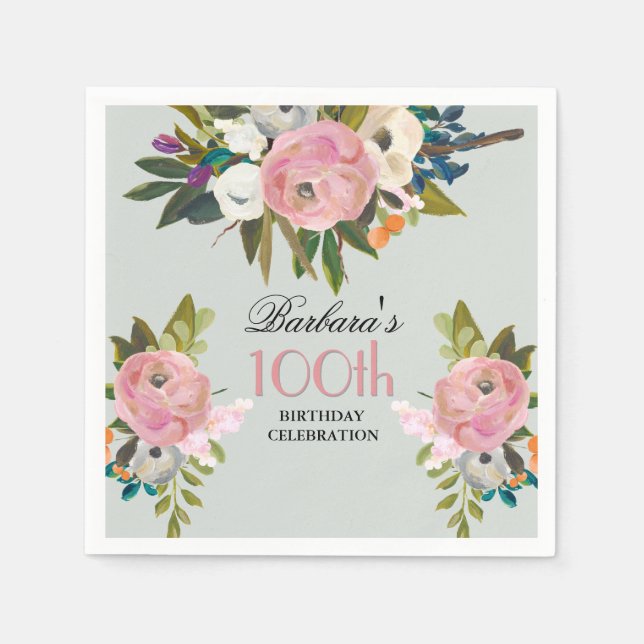 Servilleta De Papel Elegant Handpainted Floral 100th Birthday Party  (Anverso)