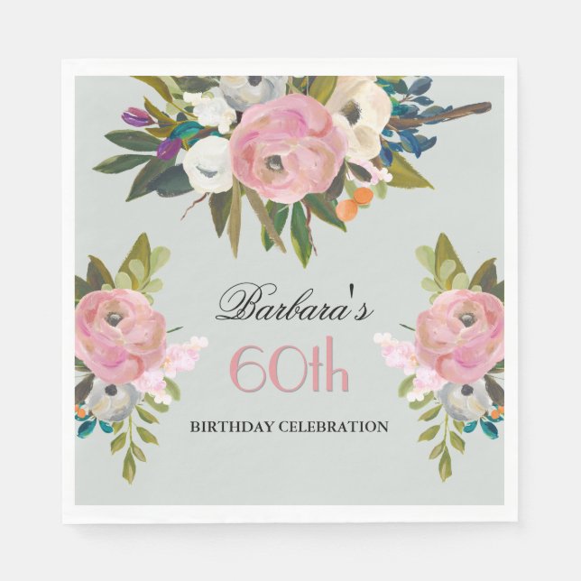 Servilleta De Papel Elegant Handpainted Floral 60th Birthday Party  (Anverso)