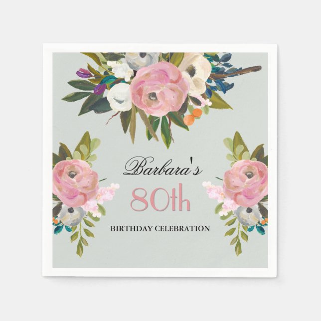 Servilleta De Papel Elegant Handpainted Floral 80th Birthday Party  (Anverso)