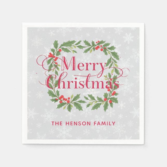 Servilleta De Papel Elegant Holly Wreath Merry Christmas (Anverso)