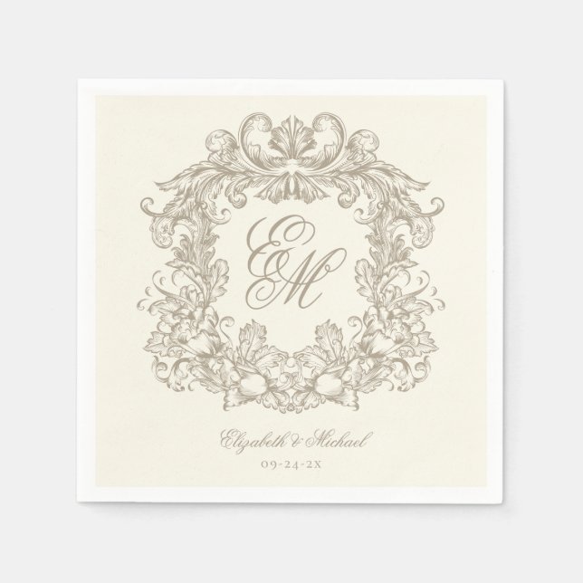 Servilleta De Papel Elegant Ivory Monogram Crest Script Wedding (Anverso)