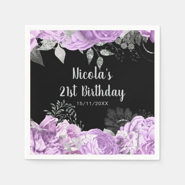 Servilleta De Papel Elegant Lilac and Silver Flowers Birthday Party  (Anverso)