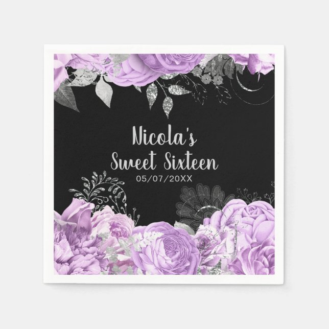 Servilleta De Papel Elegant Lilac and Silver Flowers Sweet Sixteen (Anverso)