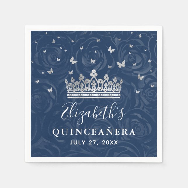 Servilleta De Papel Elegant Navy Blue and Silver Crown Quinceanera (Anverso)