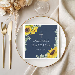 Servilleta De Papel Elegant Navy Blue Floral Cross Baptism