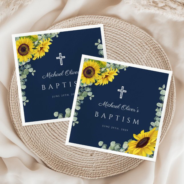 Servilleta De Papel Elegant Navy Blue Floral Cross Baptism (Elegant Navy Blue Floral Cross Baptism Napkins)