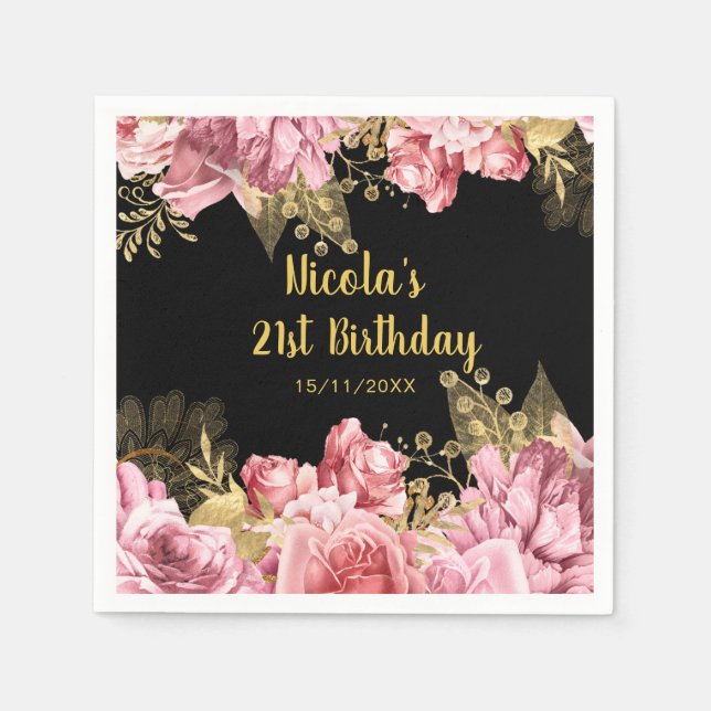 Servilleta De Papel Elegant Pink and Gold Flowers Birthday Party (Anverso)