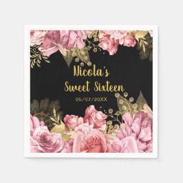 Servilleta De Papel Elegant Pink and Gold Flowers Sweet Sixteen 