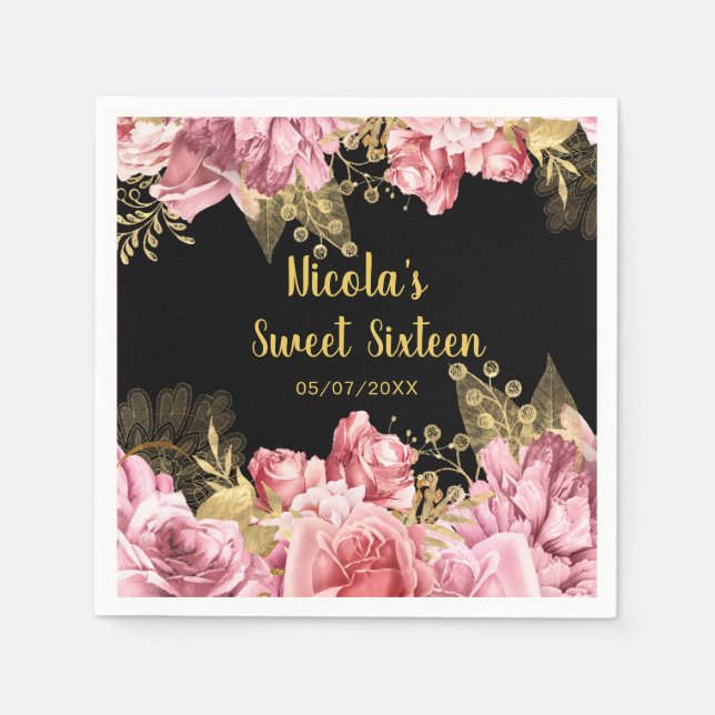 Servilleta De Papel Elegant Pink and Gold Flowers Sweet Sixteen  (Anverso)