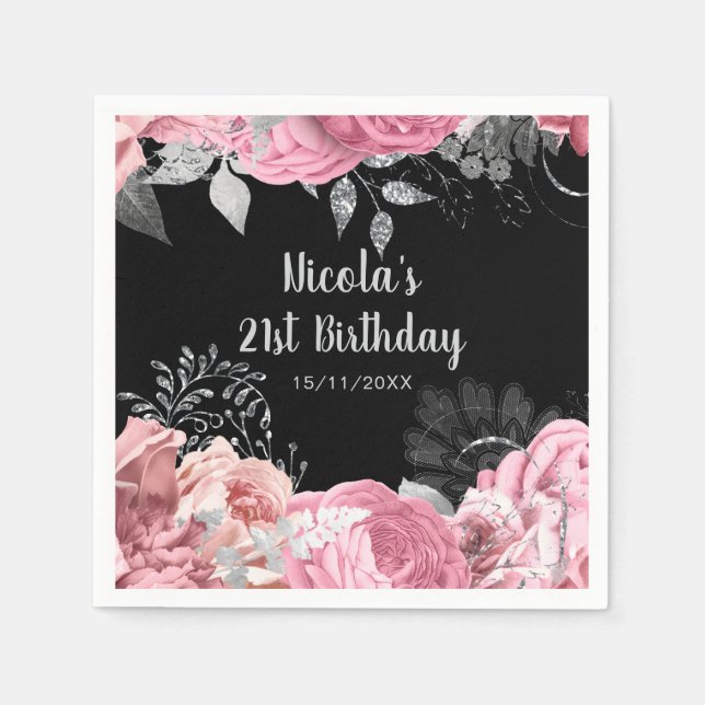 Servilleta De Papel Elegant Pink and Silver Flowers Birthday Party (Anverso)