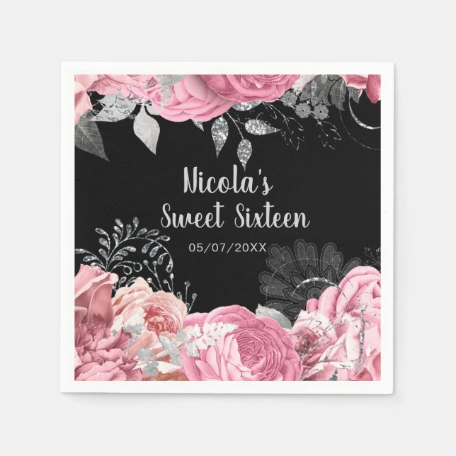 Servilleta De Papel Elegant Pink and Silver Flowers Sweet Sixteen  (Anverso)