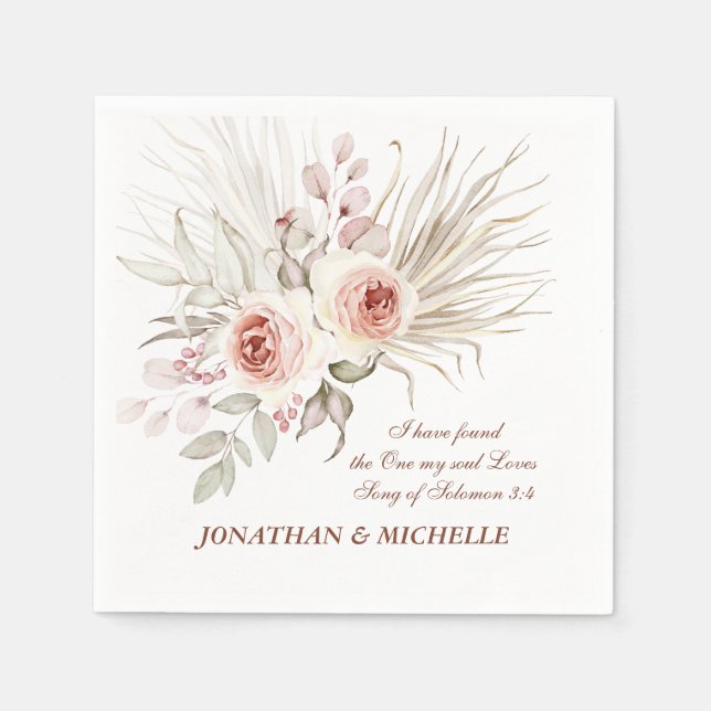 Servilleta De Papel Elegant Pink Ivory Boho Floral Wedding Bible Verse (Anverso)