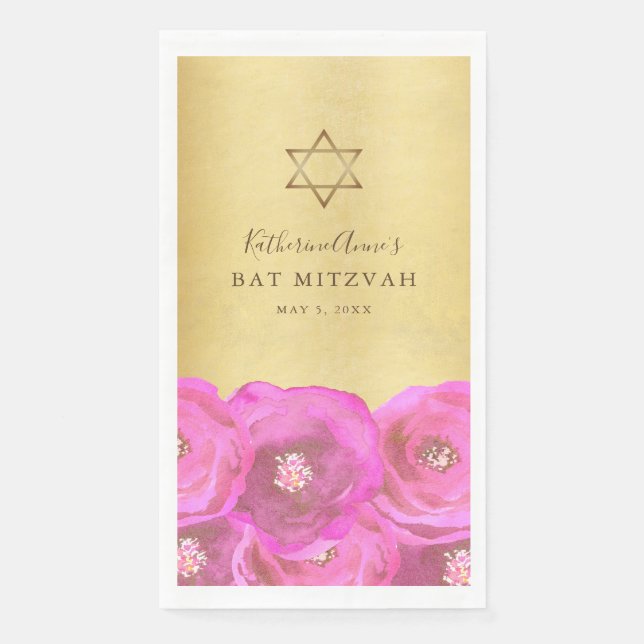 Servilleta De Papel Elegant Pink Rose Floral Gold Bat Mitzvah (Anverso)