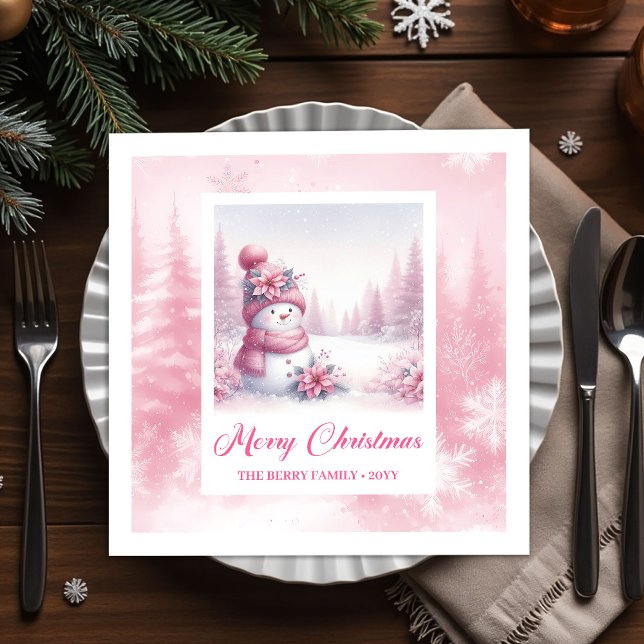 Servilleta De Papel Elegant Pink Snowman Family Gift Winter Scene Xmas (Charming Pink Snowman Pinkmas Winter Forest Napkins)