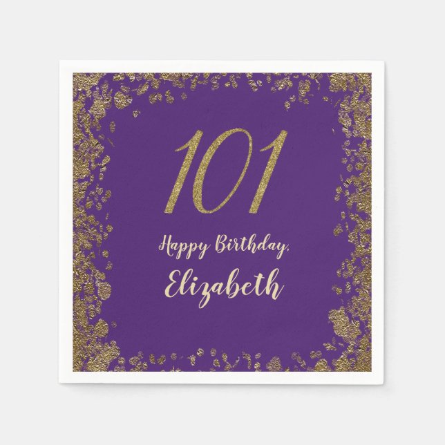 Servilleta De Papel Elegant Purple and Gold 101st Birthday (Anverso)