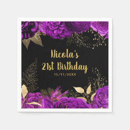 Servilleta De Papel Elegant Purple and Gold Flowers Birthday Party
