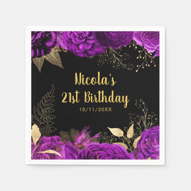 Servilleta De Papel Elegant Purple and Gold Flowers Birthday Party (Anverso)