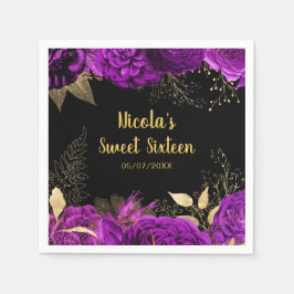 Servilleta De Papel Elegant Purple and Gold Flowers Sweet Sixteen 
