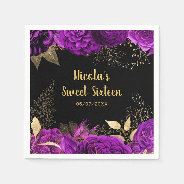 Servilleta De Papel Elegant Purple and Gold Flowers Sweet Sixteen  (Anverso)
