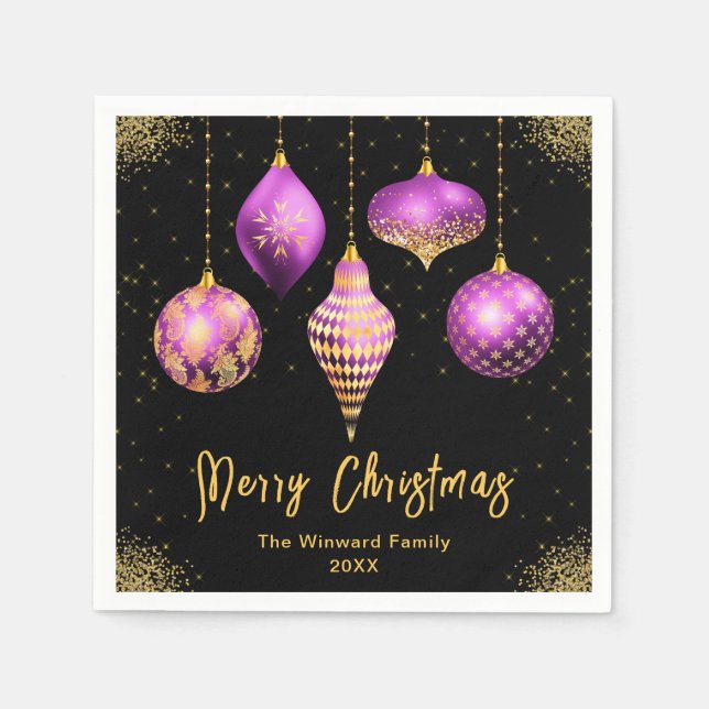 Servilleta De Papel Elegant Purple and Gold Ornament Christmas (Anverso)